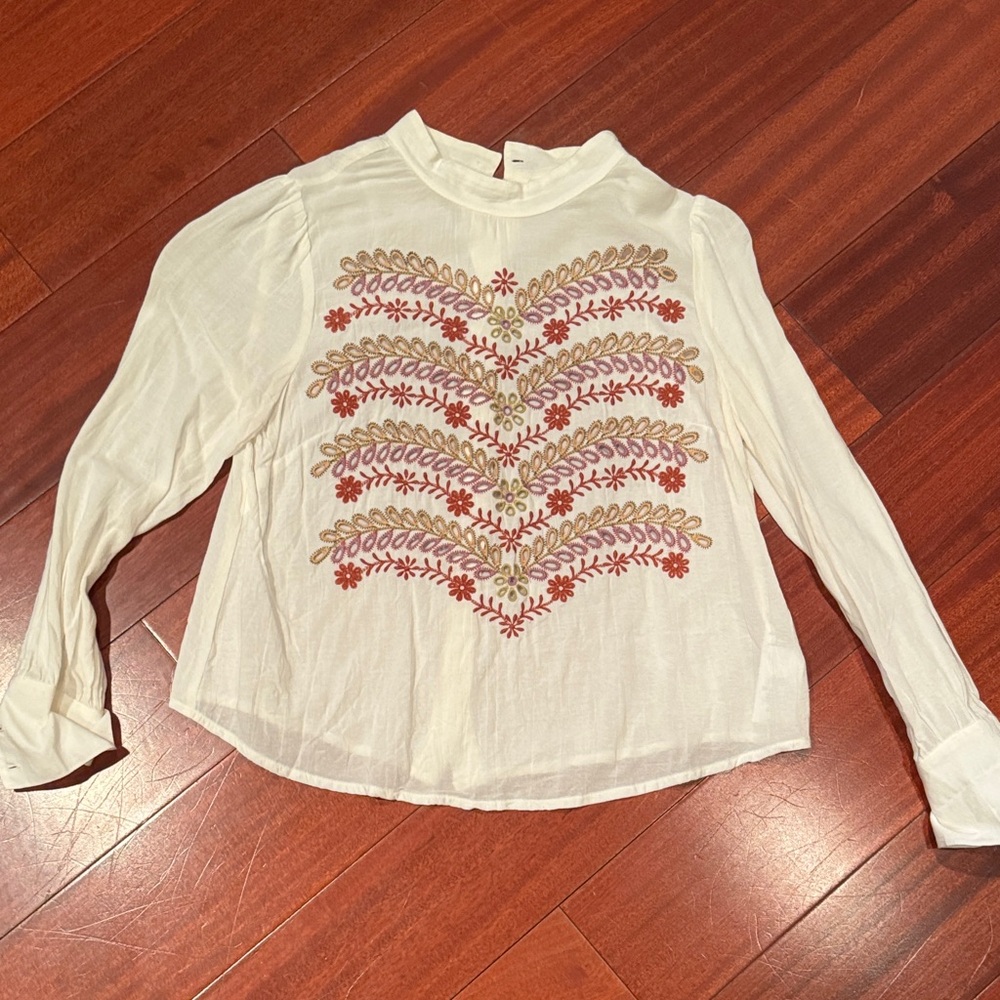 Meadow Rue by Anthropologie Embroidered Floral Cream Blouse